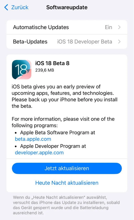 吉木萨尔苹果手机维修分享苹果 iOS / iPadOS 18 开发者预览版 Beta 8 发布 